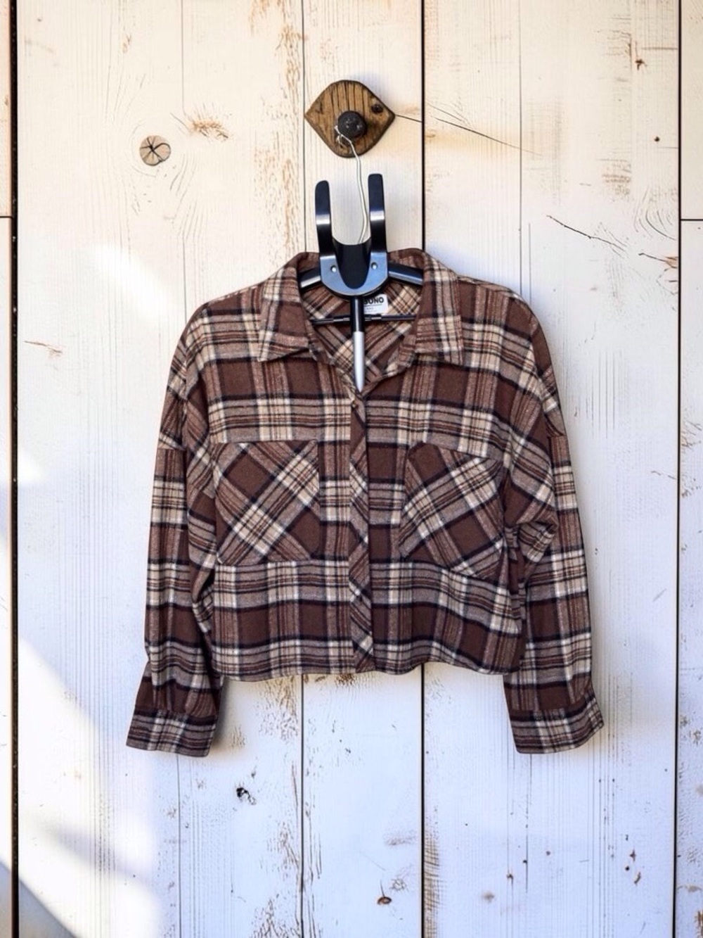 Women's Brown Plaid Teddy Jacket with Back Graphic Sz Large - Picture 3 of 10